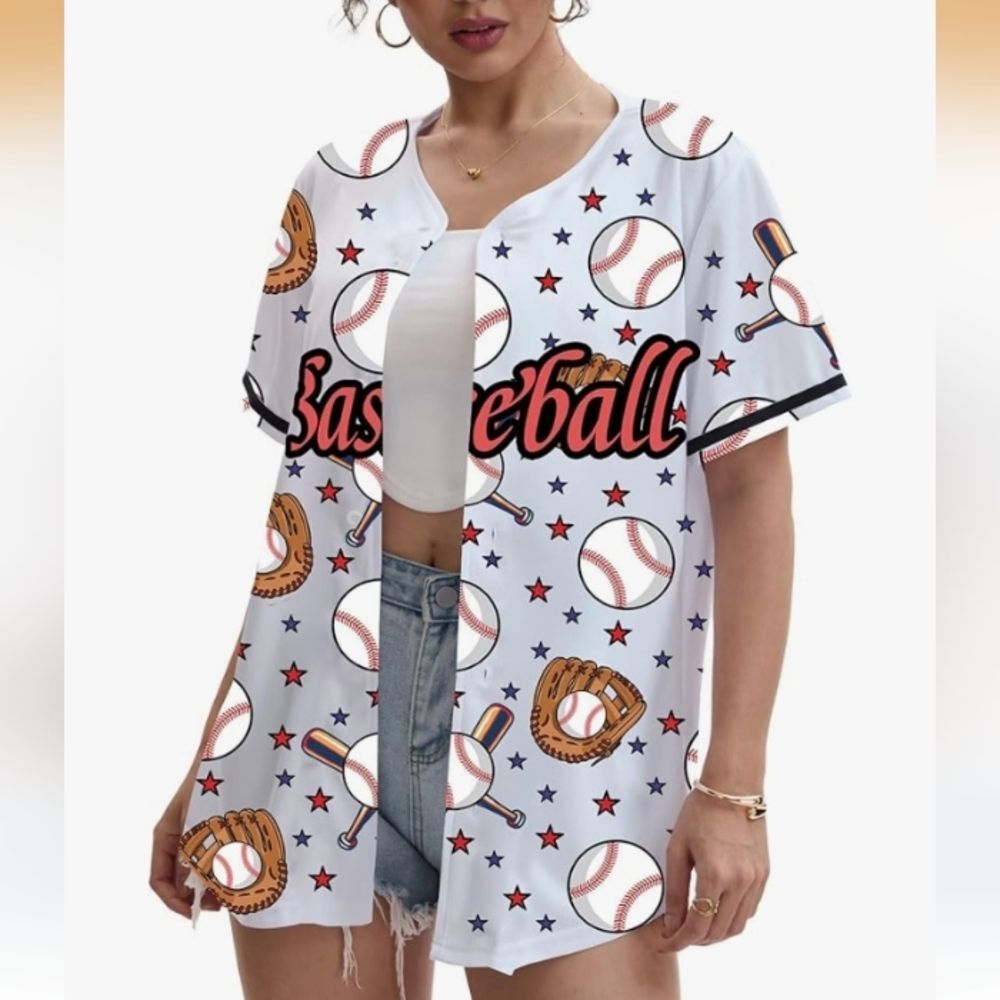 Baseball Themed Button Front Shirt Size Large NWOT P2P 23.5 In - Picture 2 of 13